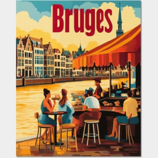 Visitors savor delicious food while seated at a charming riverside cafe in Bruges. The picturesque architecture and serene water create a Posters and Art